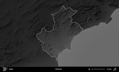 Alacanti. İspanya 'nın idari alanı belirtilmiş ve koyu gri tonlu yükseklik haritasına göre özetlenmiştir