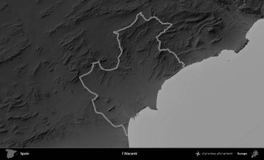 Alacanti. İspanya 'nın idari bölgesi gri ölçekli yükseklik haritasında belirtilmiştir