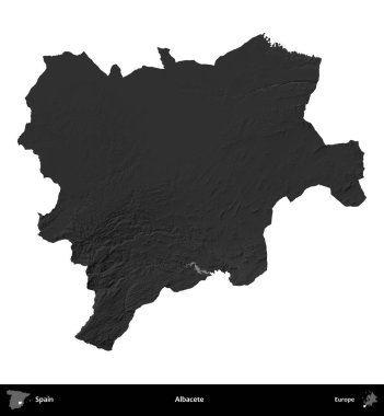 Albacete. İspanya 'nın idari bölgesi gri ölçekli yükseklik haritasında beyaza izole edildi