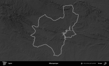 Alburquerque 'de. İspanya 'nın idari bölgesi gri ölçekli yükseklik haritasında belirtilmiştir