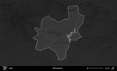 Alburquerque 'de. İspanya 'nın idari alanı belirtilmiş ve koyu gri tonlu yükseklik haritasına göre özetlenmiştir