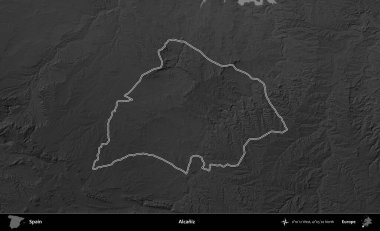 Alcaniz. İspanya 'nın idari bölgesi gri ölçekli yükseklik haritasında belirtilmiştir