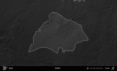 Alcaniz. İspanya 'nın idari alanı belirtilmiş ve koyu gri tonlu yükseklik haritasına göre özetlenmiştir
