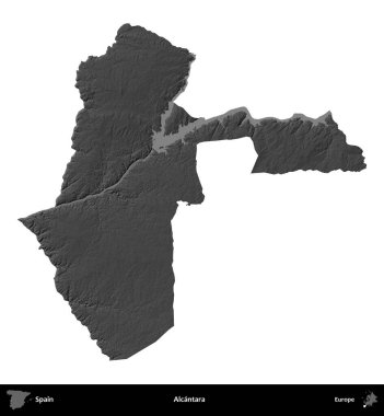 Alcantara. İspanya 'nın idari bölgesi gri ölçekli yükseklik haritasında beyaza izole edildi
