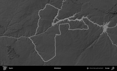 Alcantara. İspanya 'nın idari bölgesi gri ölçekli yükseklik haritasında belirtilmiştir
