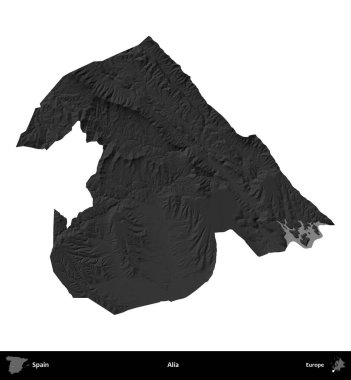 Alia. İspanya 'nın idari bölgesi gri ölçekli yükseklik haritasında beyaza izole edildi