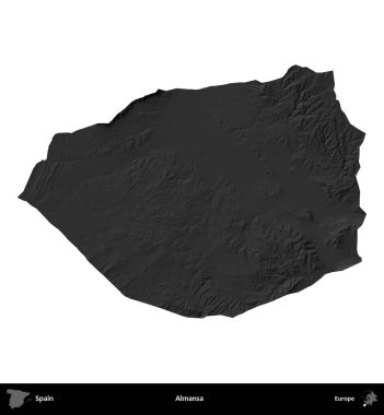 Almansa. İspanya 'nın idari bölgesi gri ölçekli yükseklik haritasında beyaza izole edildi