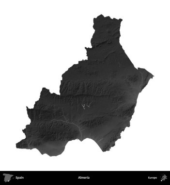 Almerya 'da. İspanya 'nın idari bölgesi gri ölçekli yükseklik haritasında beyaza izole edildi