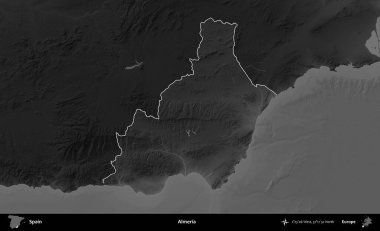 Almerya 'da. İspanya 'nın idari alanı belirtilmiş ve koyu gri tonlu yükseklik haritasına göre özetlenmiştir