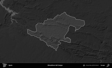 Almodovar del Campo. İspanya 'nın idari alanı belirtilmiş ve koyu gri tonlu yükseklik haritasına göre özetlenmiştir