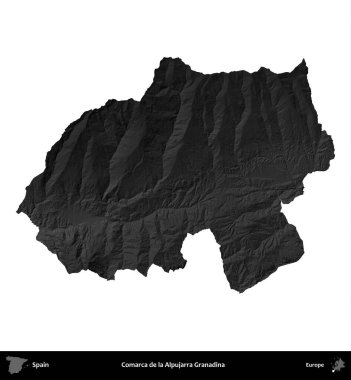 Comarca de la Alpujarra Granadina. İspanya 'nın idari bölgesi gri ölçekli yükseklik haritasında beyaza izole edildi