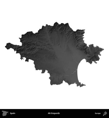 Alt Emporda. İspanya 'nın idari bölgesi gri ölçekli yükseklik haritasında beyaza izole edildi