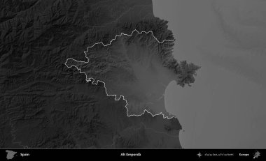 Alt Emporda. İspanya 'nın idari alanı belirtilmiş ve koyu gri tonlu yükseklik haritasına göre özetlenmiştir