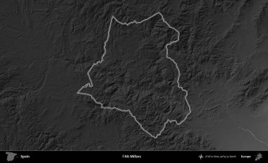 I 'Alt Millars. İspanya 'nın idari bölgesi gri ölçekli yükseklik haritasında belirtilmiştir