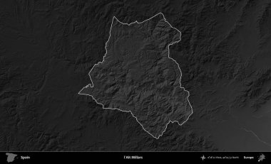 I 'Alt Millars. İspanya 'nın idari alanı belirtilmiş ve koyu gri tonlu yükseklik haritasına göre özetlenmiştir