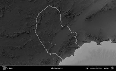 Alto Guadalentin. İspanya 'nın idari bölgesi gri ölçekli yükseklik haritasında belirtilmiştir
