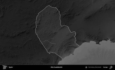 Alto Guadalentin. İspanya 'nın idari alanı belirtilmiş ve koyu gri tonlu yükseklik haritasına göre özetlenmiştir