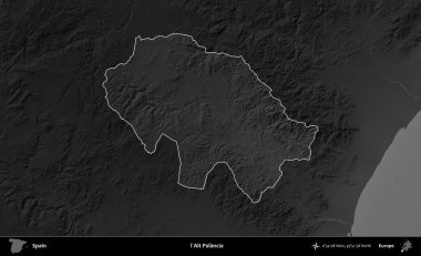 l'Alt Palancia. İspanya 'nın idari alanı belirtilmiş ve koyu gri tonlu yükseklik haritasına göre özetlenmiştir