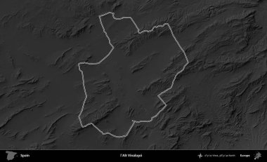 l'Alt Vinalopo. İspanya 'nın idari bölgesi gri ölçekli yükseklik haritasında belirtilmiştir