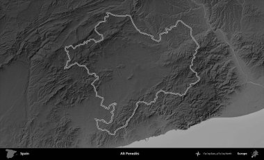 Alt Penedes. İspanya 'nın idari bölgesi gri ölçekli yükseklik haritasında belirtilmiştir