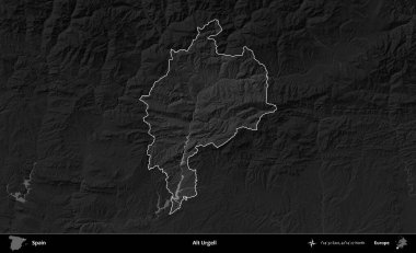 Alt Urgell. İspanya 'nın idari alanı belirtilmiş ve koyu gri tonlu yükseklik haritasına göre özetlenmiştir