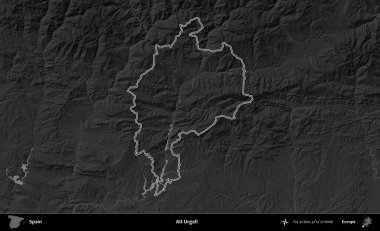 Alt Urgell. İspanya 'nın idari bölgesi gri ölçekli yükseklik haritasında belirtilmiştir