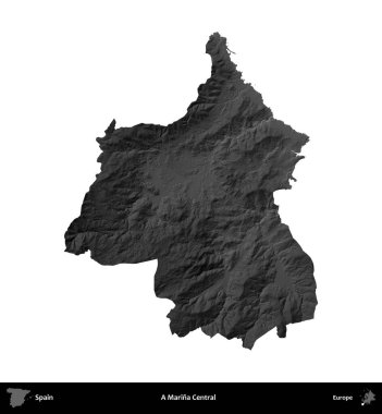 Marina Central 'da. İspanya 'nın idari bölgesi gri ölçekli yükseklik haritasında beyaza izole edildi