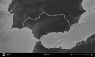 Endülüs. İspanya 'nın idari bölgesi gri ölçekli yükseklik haritasında belirtilmiştir