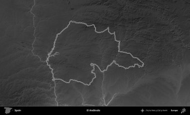El Andevalo. İspanya 'nın idari bölgesi gri ölçekli yükseklik haritasında belirtilmiştir