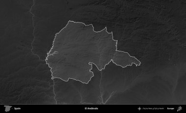 El Andevalo. İspanya 'nın idari alanı belirtilmiş ve koyu gri tonlu yükseklik haritasına göre özetlenmiştir
