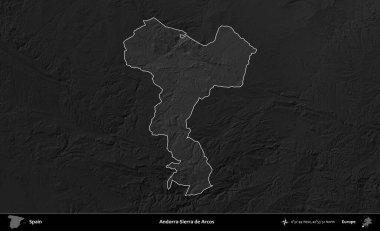 Andorra-Sierra de Arcos. İspanya 'nın idari alanı belirtilmiş ve koyu gri tonlu yükseklik haritasına göre özetlenmiştir