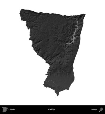 Andujar. İspanya 'nın idari bölgesi gri ölçekli yükseklik haritasında beyaza izole edildi