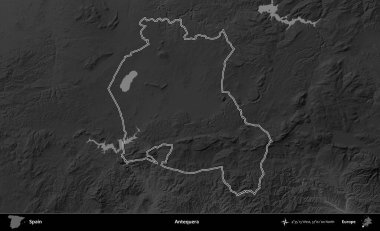 Antequera. İspanya 'nın idari bölgesi gri ölçekli yükseklik haritasında belirtilmiştir