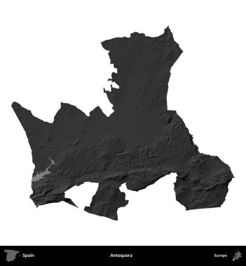 Antequera. İspanya 'nın idari bölgesi gri ölçekli yükseklik haritasında beyaza izole edildi