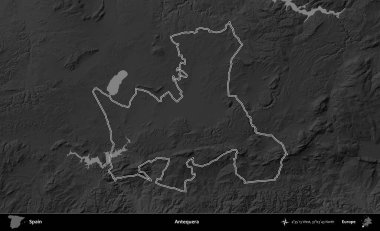 Antequera. İspanya 'nın idari bölgesi gri ölçekli yükseklik haritasında belirtilmiştir