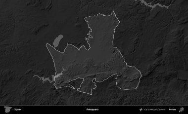 Antequera. İspanya 'nın idari alanı belirtilmiş ve koyu gri tonlu yükseklik haritasına göre özetlenmiştir