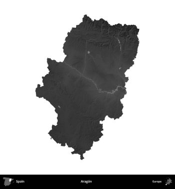 Aragon. İspanya 'nın idari bölgesi gri ölçekli yükseklik haritasında beyaza izole edildi