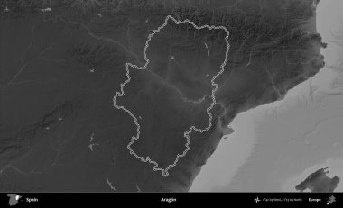 Aragon. İspanya 'nın idari bölgesi gri ölçekli yükseklik haritasında belirtilmiştir