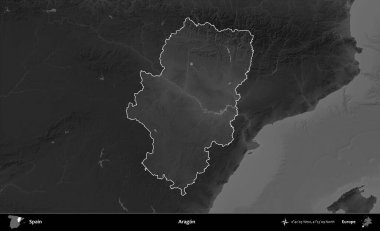 Aragon. İspanya 'nın idari alanı belirtilmiş ve koyu gri tonlu yükseklik haritasına göre özetlenmiştir