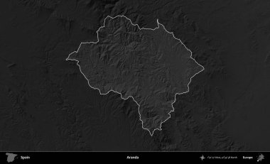 Aranda. İspanya 'nın idari alanı belirtilmiş ve koyu gri tonlu yükseklik haritasına göre özetlenmiştir