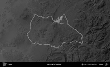 Arcos de la Frontera. İspanya 'nın idari bölgesi gri ölçekli yükseklik haritasında belirtilmiştir