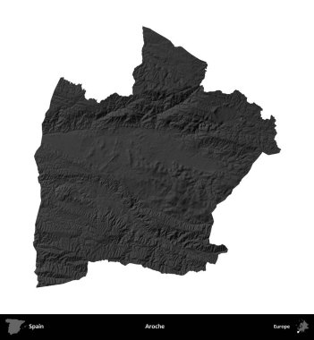 Aroche. İspanya 'nın idari bölgesi gri ölçekli yükseklik haritasında beyaza izole edildi