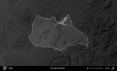Arcos de la Frontera. İspanya 'nın idari alanı belirtilmiş ve koyu gri tonlu yükseklik haritasına göre özetlenmiştir