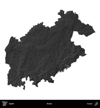 Arzua. İspanya 'nın idari bölgesi gri ölçekli yükseklik haritasında beyaza izole edildi
