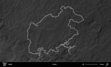 Arzua. İspanya 'nın idari bölgesi gri ölçekli yükseklik haritasında belirtilmiştir