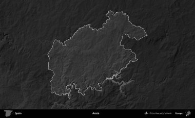Arzua. İspanya 'nın idari alanı belirtilmiş ve koyu gri tonlu yükseklik haritasına göre özetlenmiştir