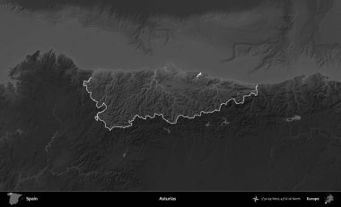 Asturyalar. İspanya 'nın idari alanı belirtilmiş ve koyu gri tonlu yükseklik haritasına göre özetlenmiştir