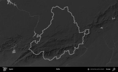 Avila. İspanya 'nın idari bölgesi gri ölçekli yükseklik haritasında belirtilmiştir