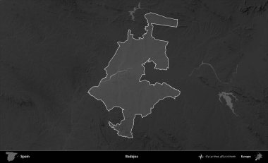 Badajoz. İspanya 'nın idari alanı belirtilmiş ve koyu gri tonlu yükseklik haritasına göre özetlenmiştir