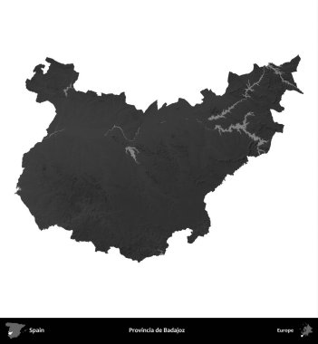 İl de Badajoz. İspanya 'nın idari bölgesi gri ölçekli yükseklik haritasında beyaza izole edildi